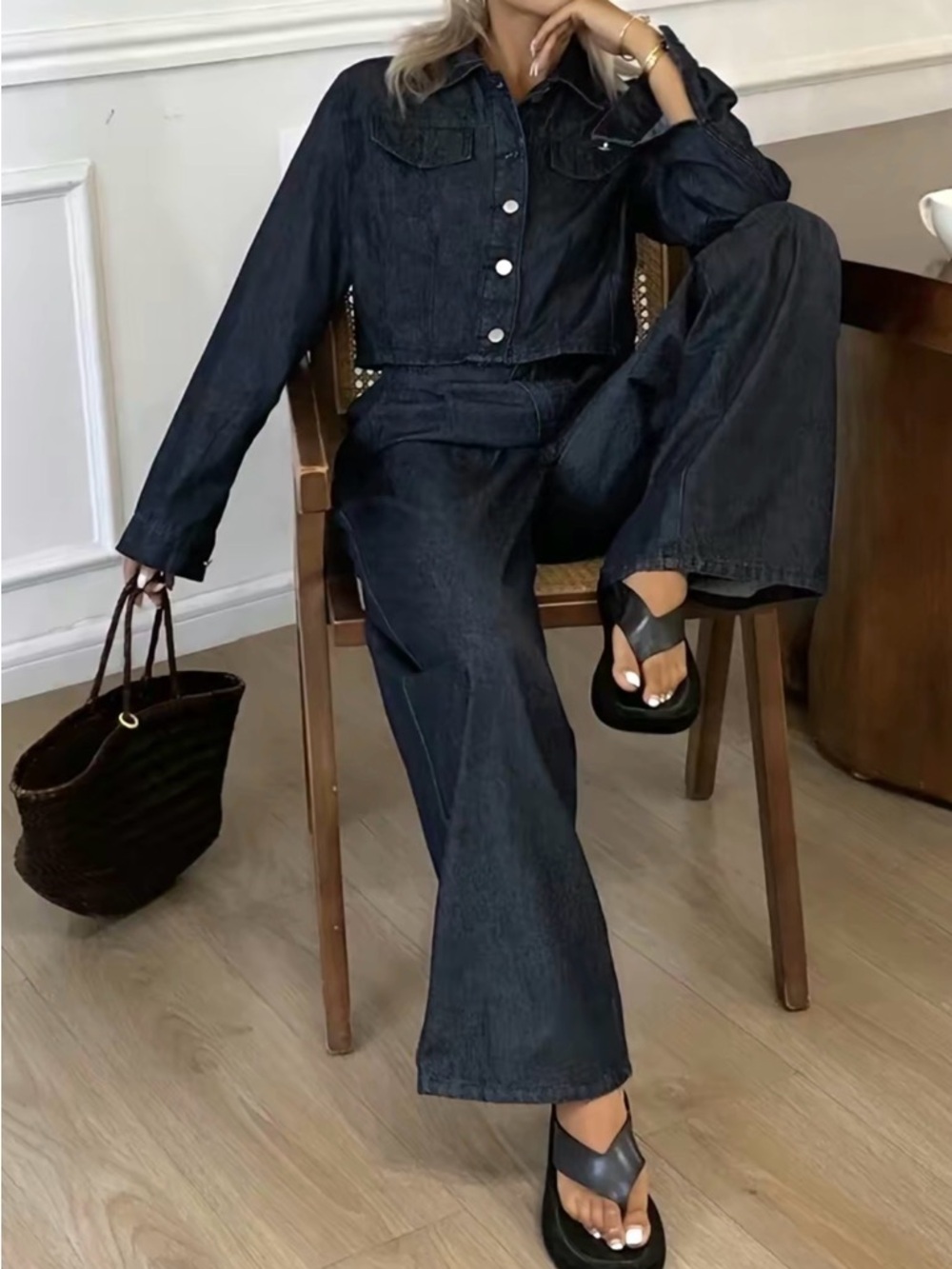 Dark Wash Denim Cropped Jacket & Wide Leg Jeans Set